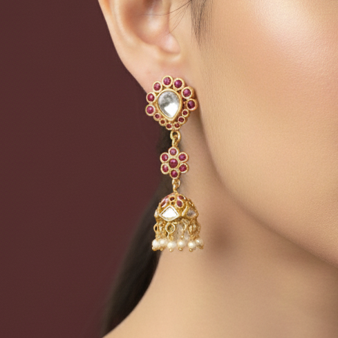 Silver Kundan Floral Jhumka Earrings