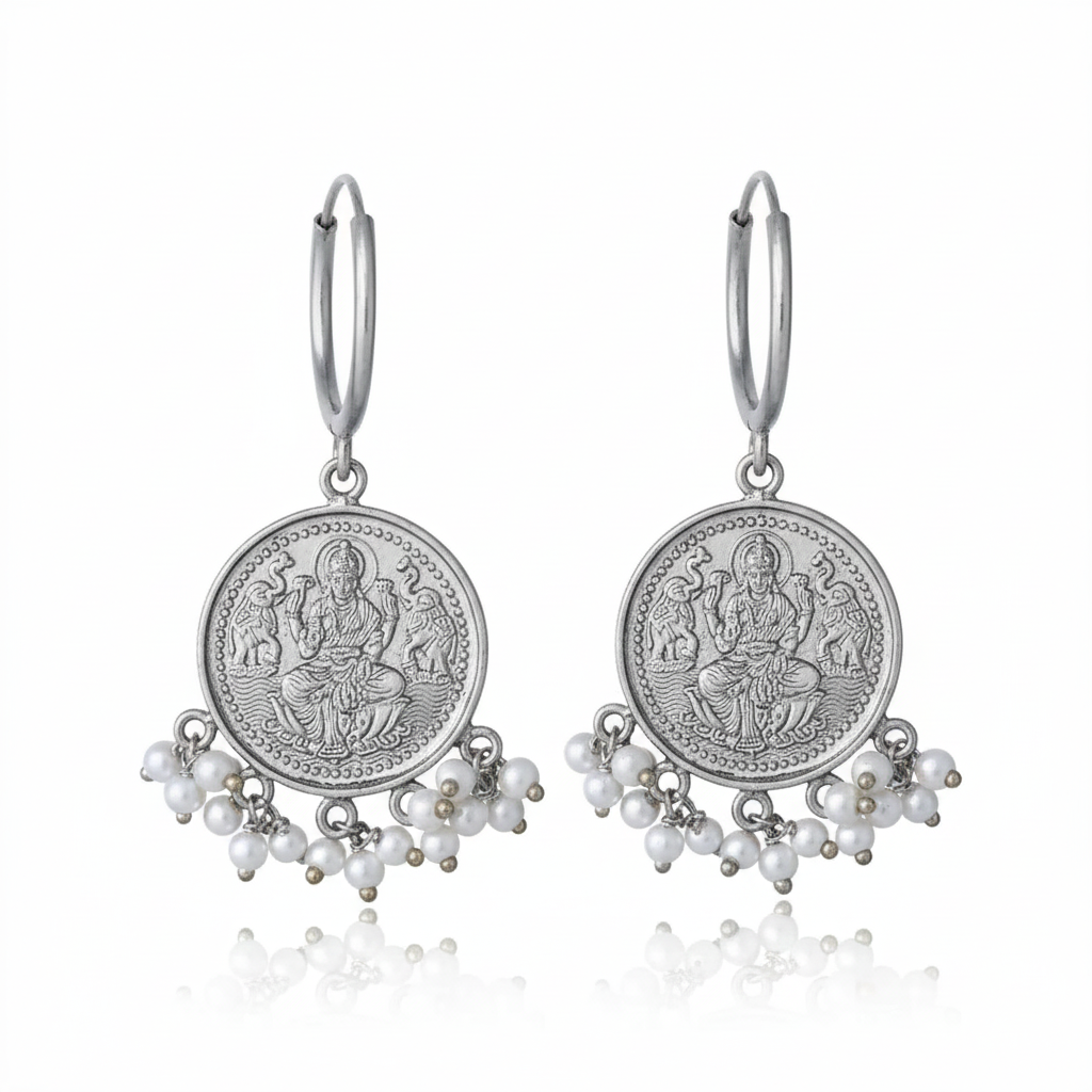 Lakshmi Silver Coin Hoops Earring
