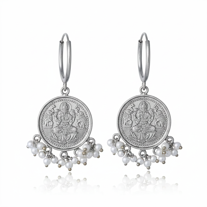 Lakshmi Silver Coin Hoops Earring
