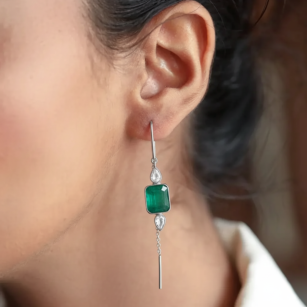 Silver Green Sui Dhaga Earring