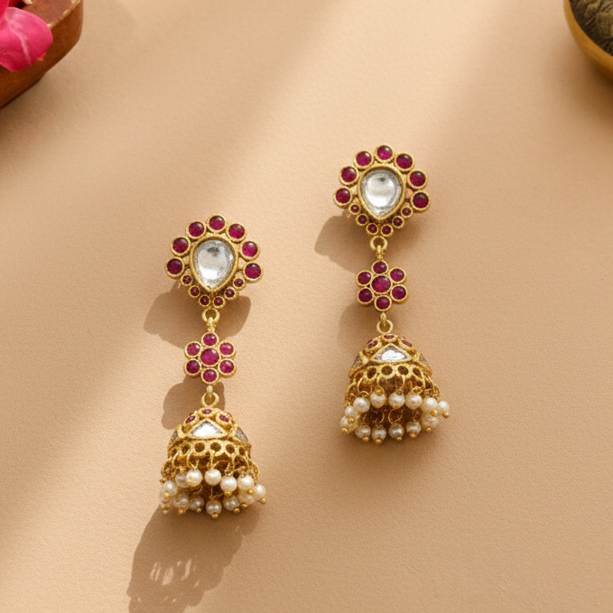 Silver Kundan Floral Jhumka Earrings