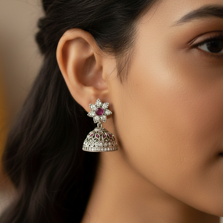 Silver 92.5 Ruby Flower Jhumka Earrings