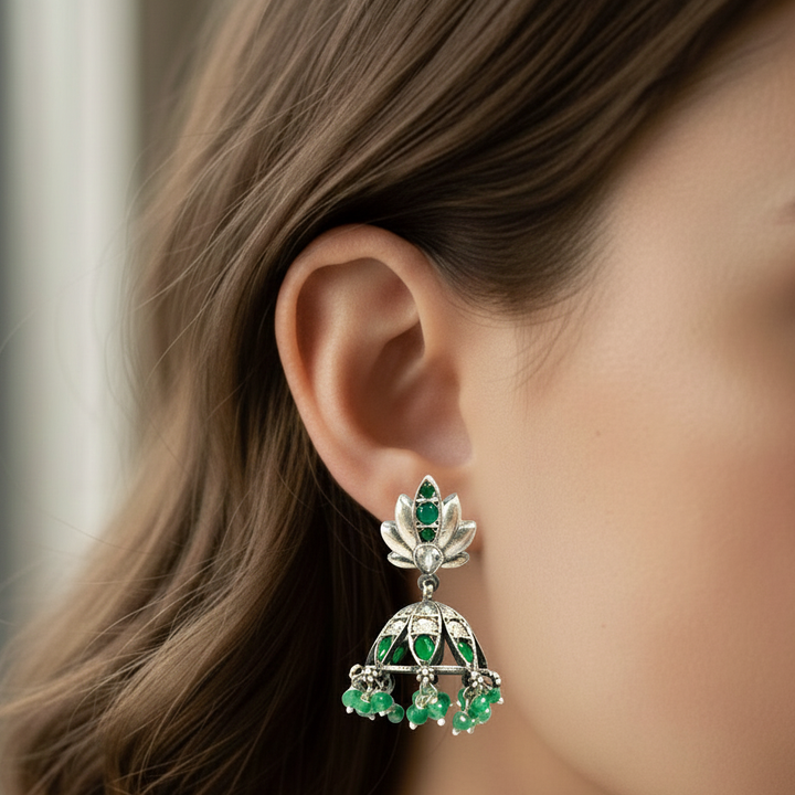 92.5 Silver Oxidised Lotus Jhumki