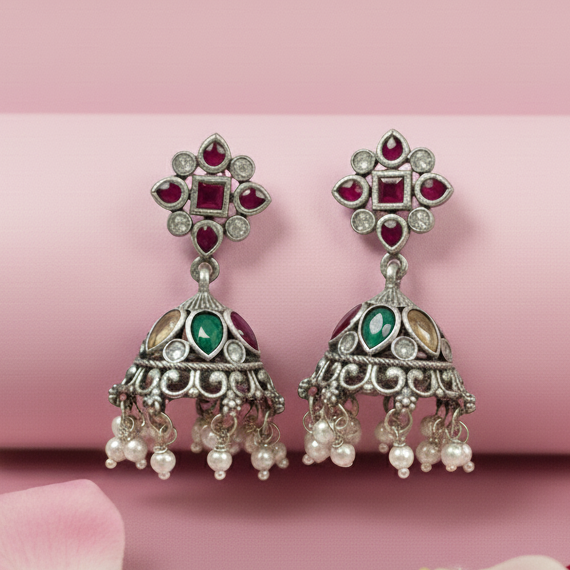 Silver 925 Navratna Jhumka Earrings