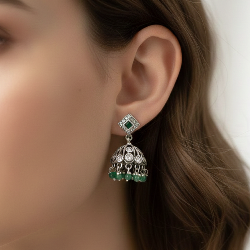 Silver 925 Green Jhumka Earrings
