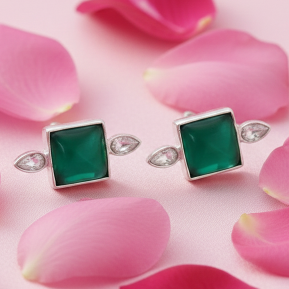 92.5 Silver Serene Green Onyx Stud Earrings