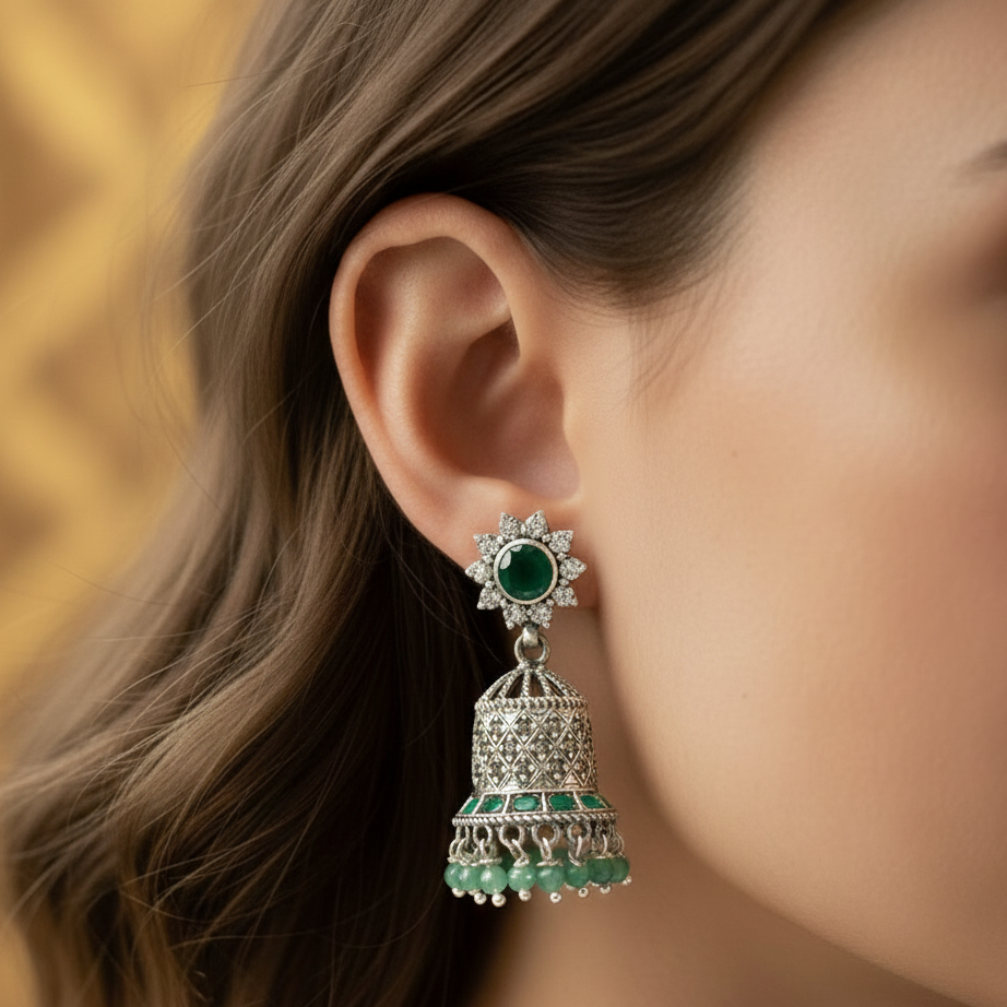 Green Sunflower Jhumka Earrings