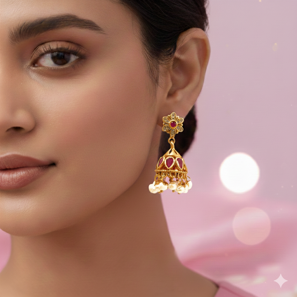 Silver 925 Gulabi Floral Jhumkas