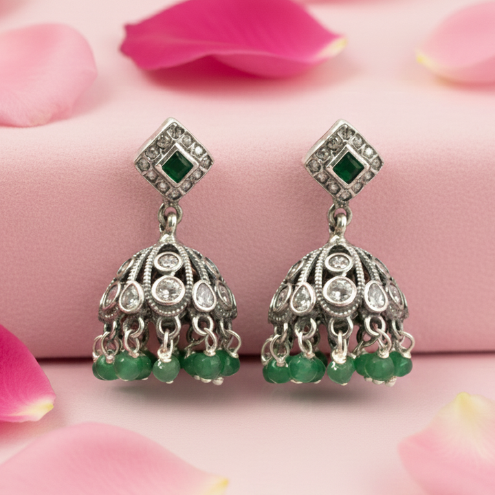 Silver 925 Green Jhumka Earrings