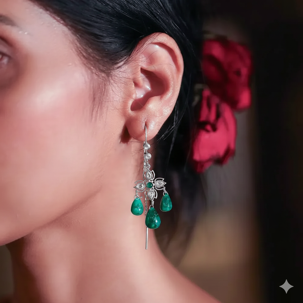 Silver 92.5 Green Sui Dhaga Earring