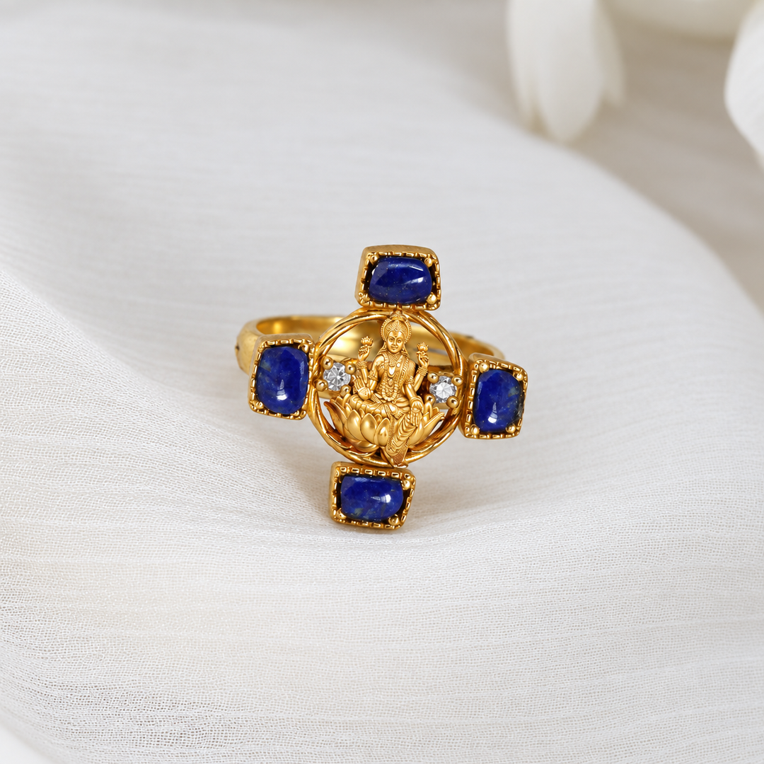 Silver 925 Dhan Lakshmi Lapis Lazuli Statement Ring