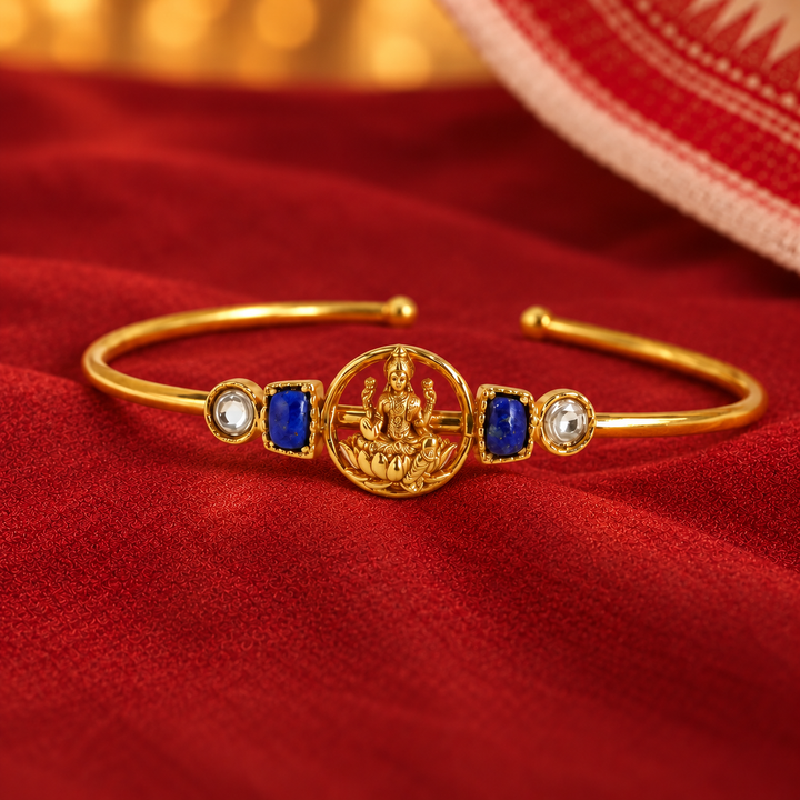 Silver 925 Dhan Lakshmi Lapis Kundan Cuff Bracelet