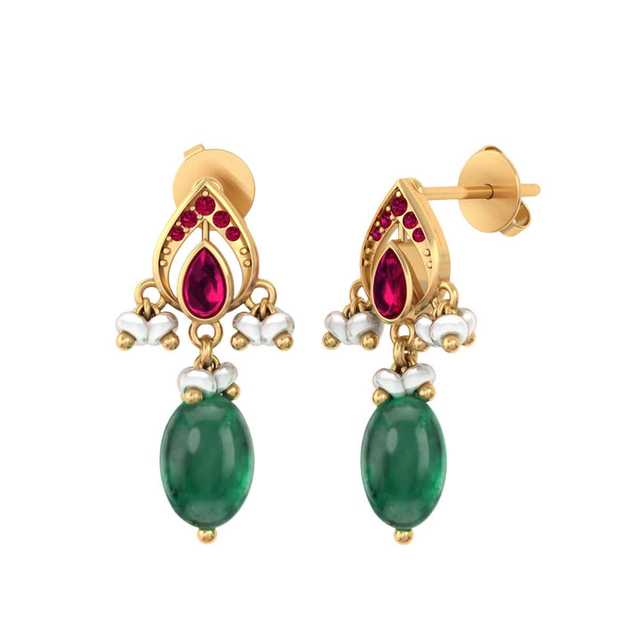 925 Pure Silver Gold-Plated Heirloom Red Kundan With Green Drop Earrings