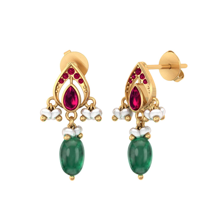 925 Pure Silver Gold-Plated Heirloom Red Kundan With Green Drop Earrings