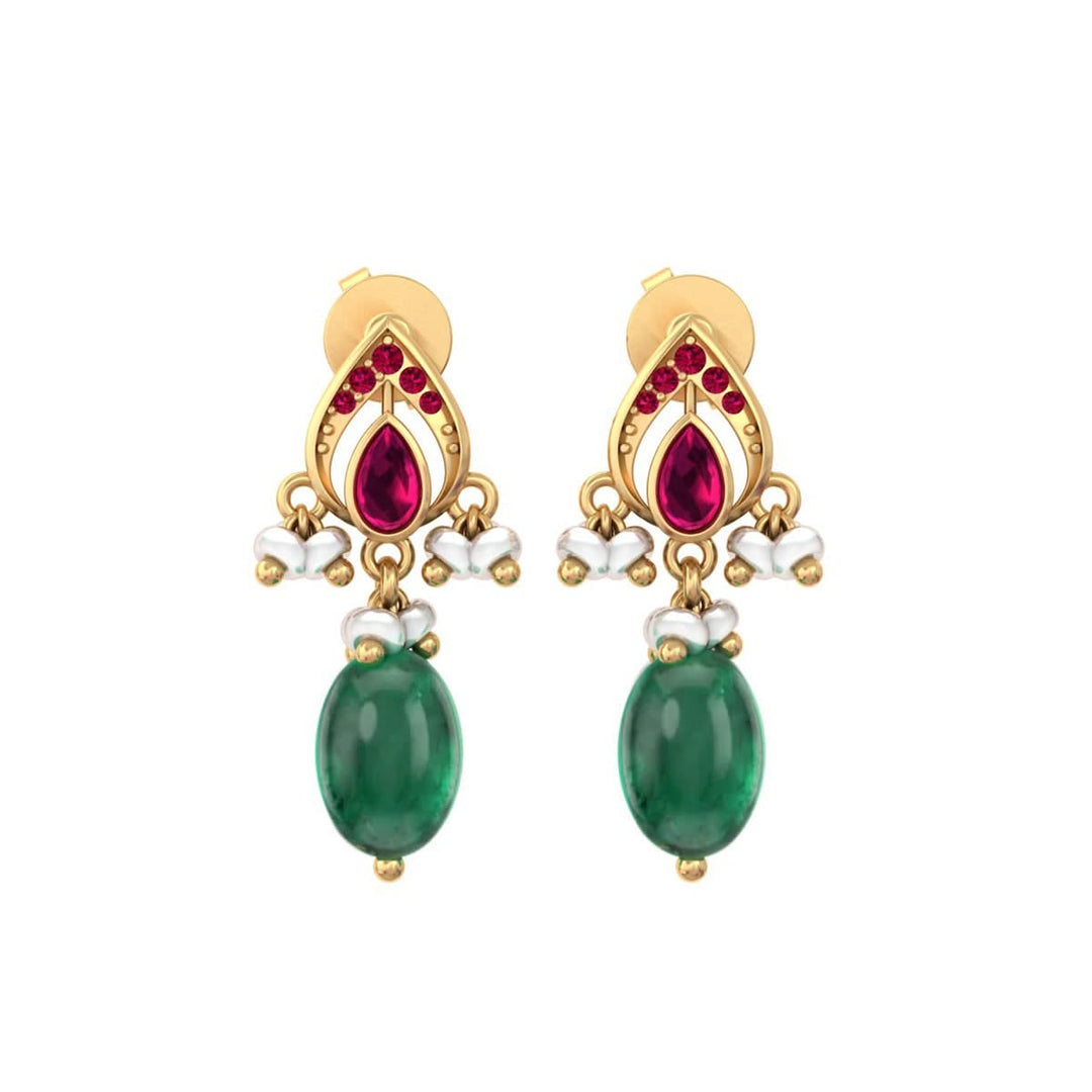 925 Pure Silver Gold-Plated Heirloom Red Kundan With Green Drop Earrings