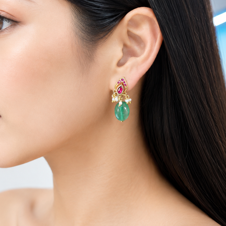 925 Pure Silver Gold-Plated Heirloom Red Kundan With Green Drop Earrings