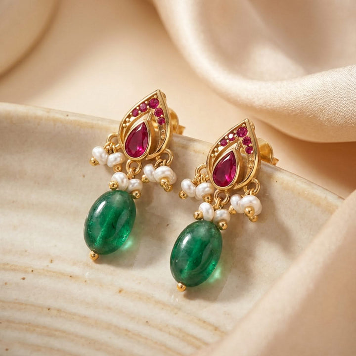 925 Pure Silver Gold-Plated Heirloom Red Kundan With Green Drop Earrings