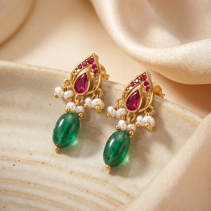 925 Pure Silver Gold-Plated Heirloom Red Kundan With Green Drop Earrings