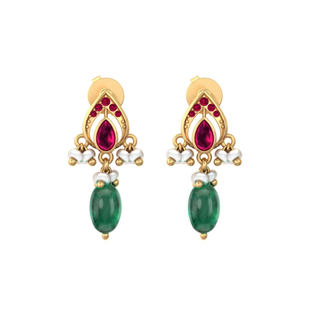 925 Pure Silver Gold-Plated Heirloom Red Kundan With Green Drop Earrings