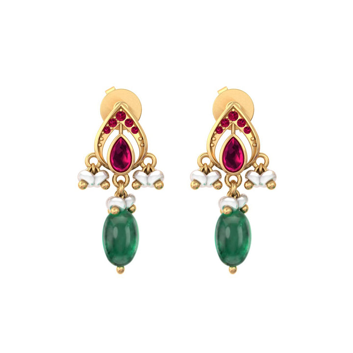 925 Pure Silver Gold-Plated Heirloom Red Kundan With Green Drop Earrings