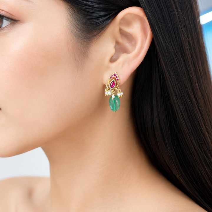 925 Pure Silver Gold-Plated Heirloom Red Kundan With Green Drop Earrings