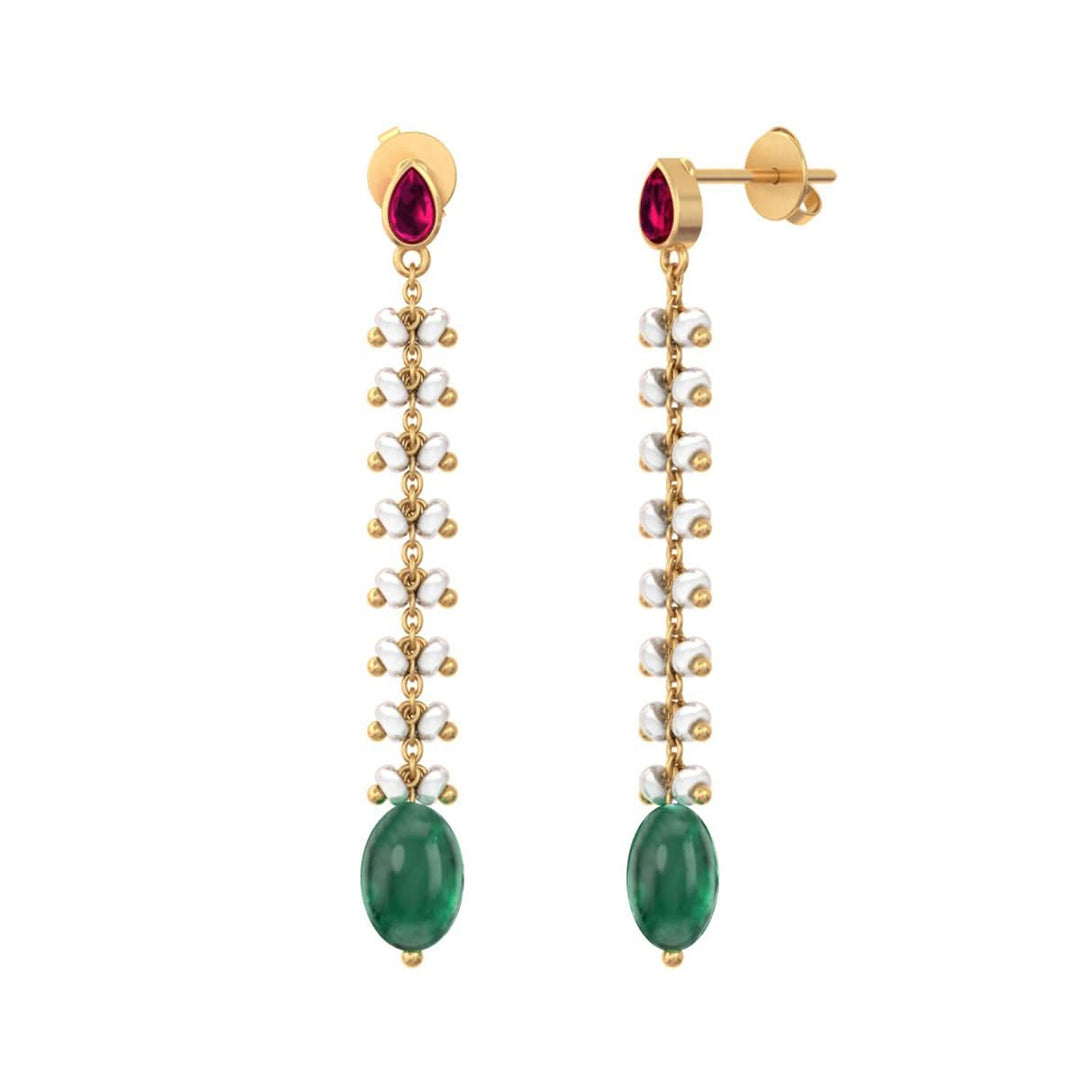 925 Pure Silver Gold-Plated Heirloom Sleek Pearl & Green Drop Earrings