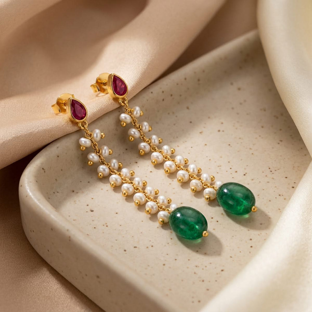 925 Pure Silver Gold-Plated Heirloom Sleek Pearl & Green Drop Earrings