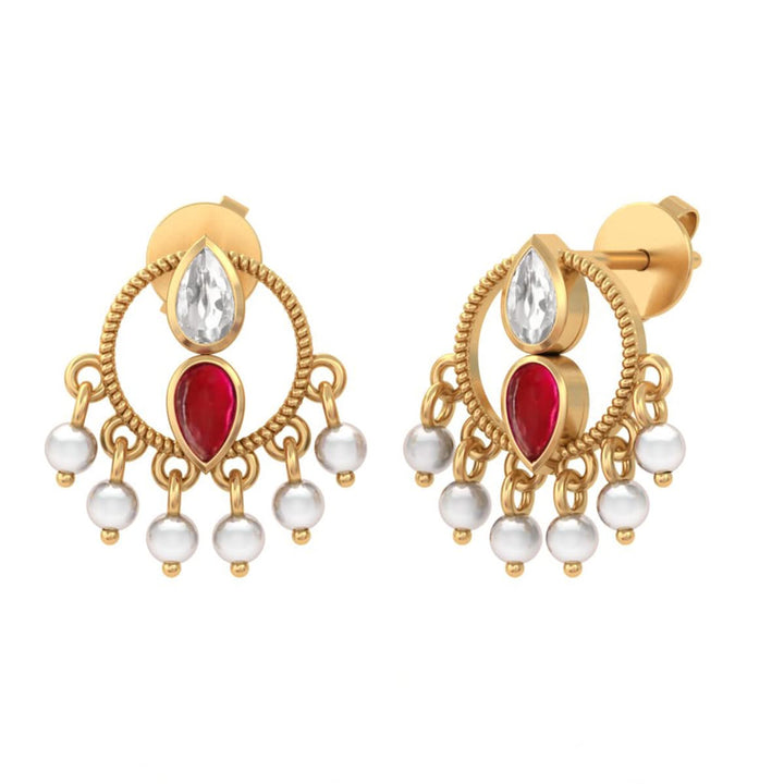 925 Sterling Silver Heirloom Round motif with Red Kundan & Pearl Stud Earrings (Gold Plating)