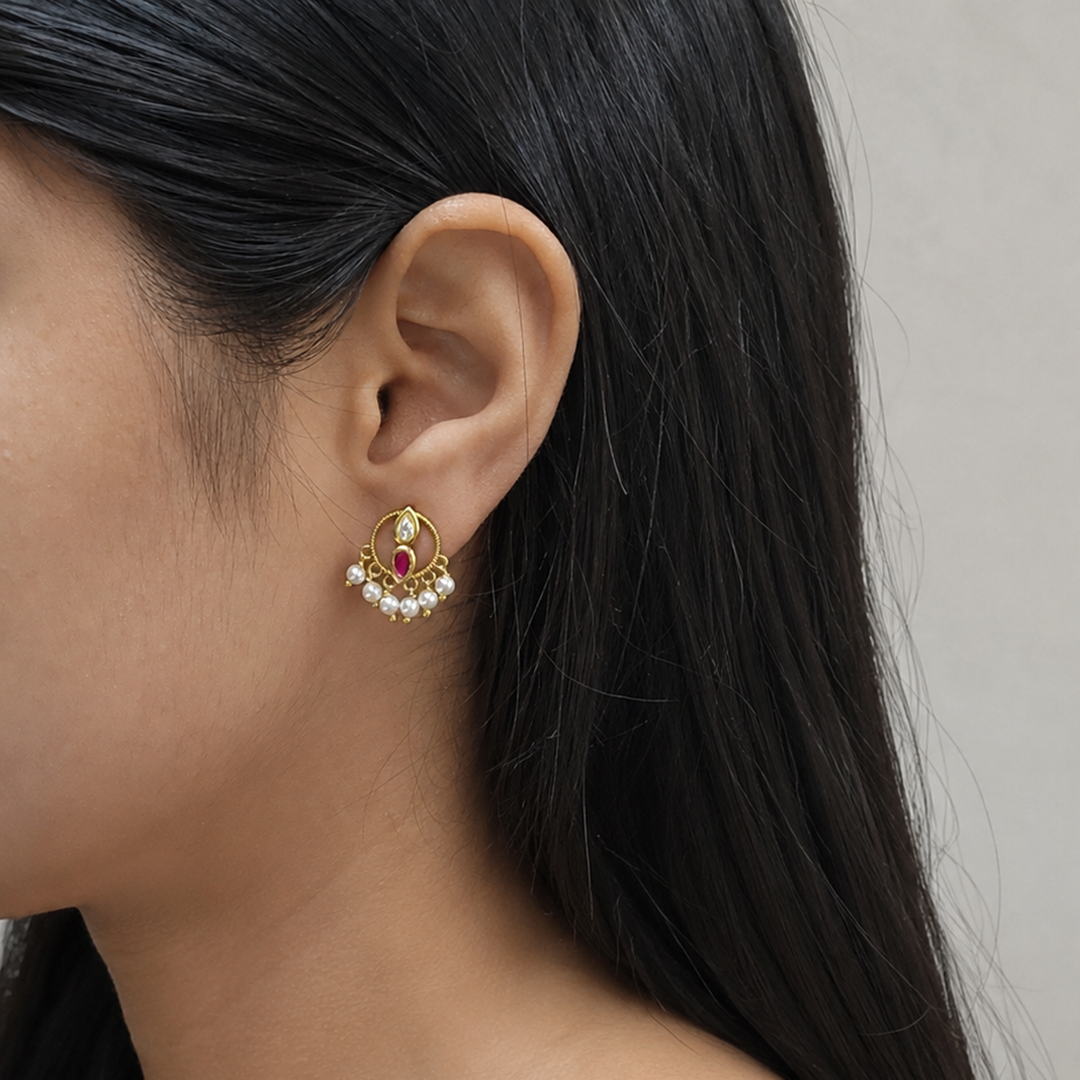 925 Sterling Silver Heirloom Round motif with Red Kundan & Pearl Stud Earrings (Gold Plating)
