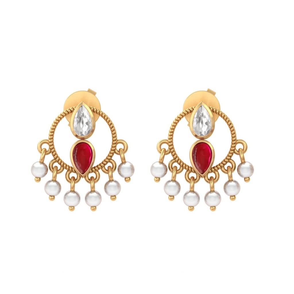 925 Sterling Silver Heirloom Round motif with Red Kundan & Pearl Stud Earrings (Gold Plating)
