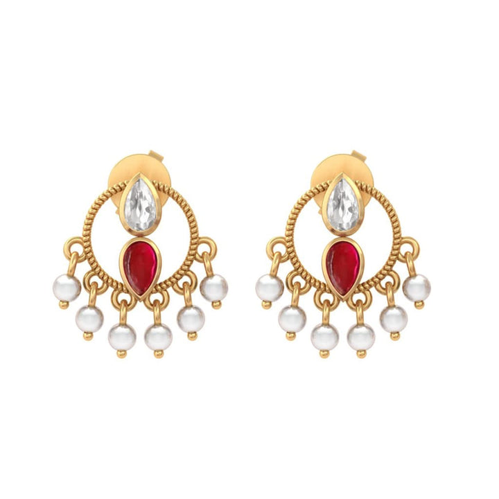 925 Sterling Silver Heirloom Round motif with Red Kundan & Pearl Stud Earrings (Gold Plating)