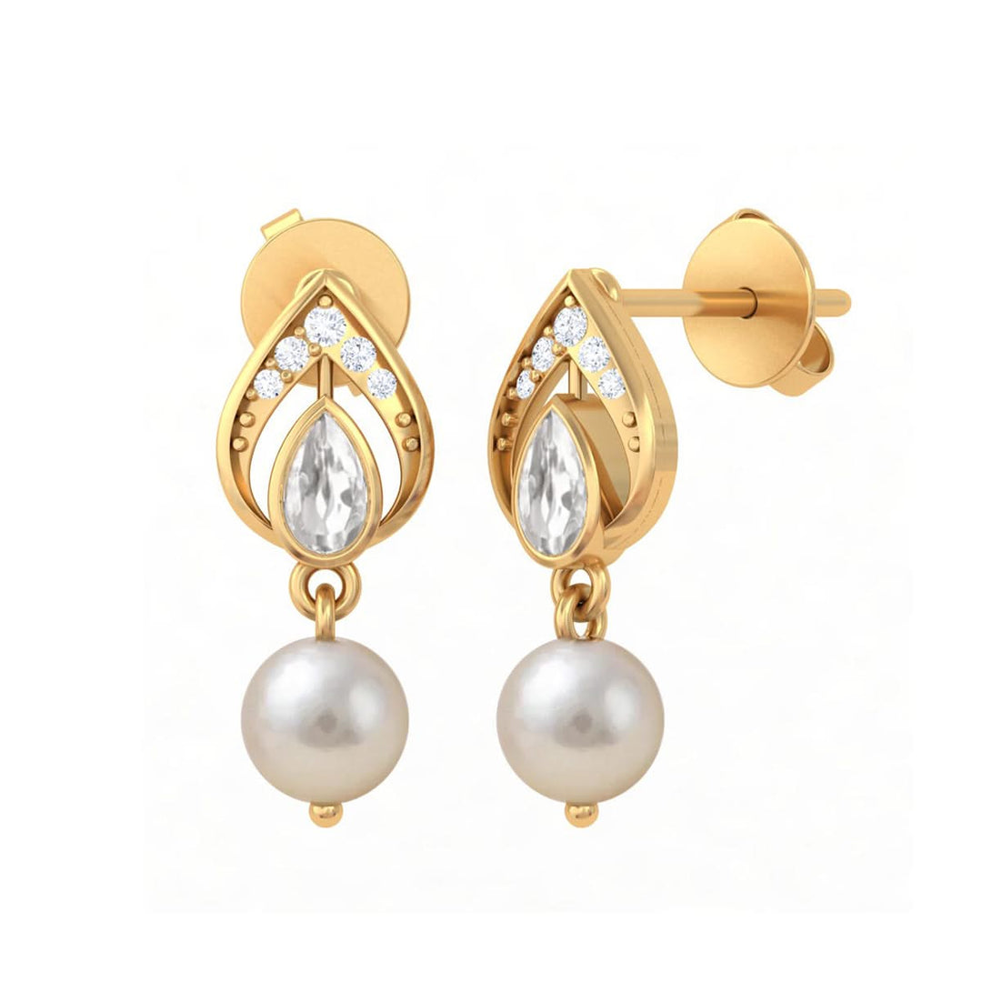 925 Sterling Silver Heirloom Pear Motif White Kundan & Pearl Stud Earrings (Gold Plating)