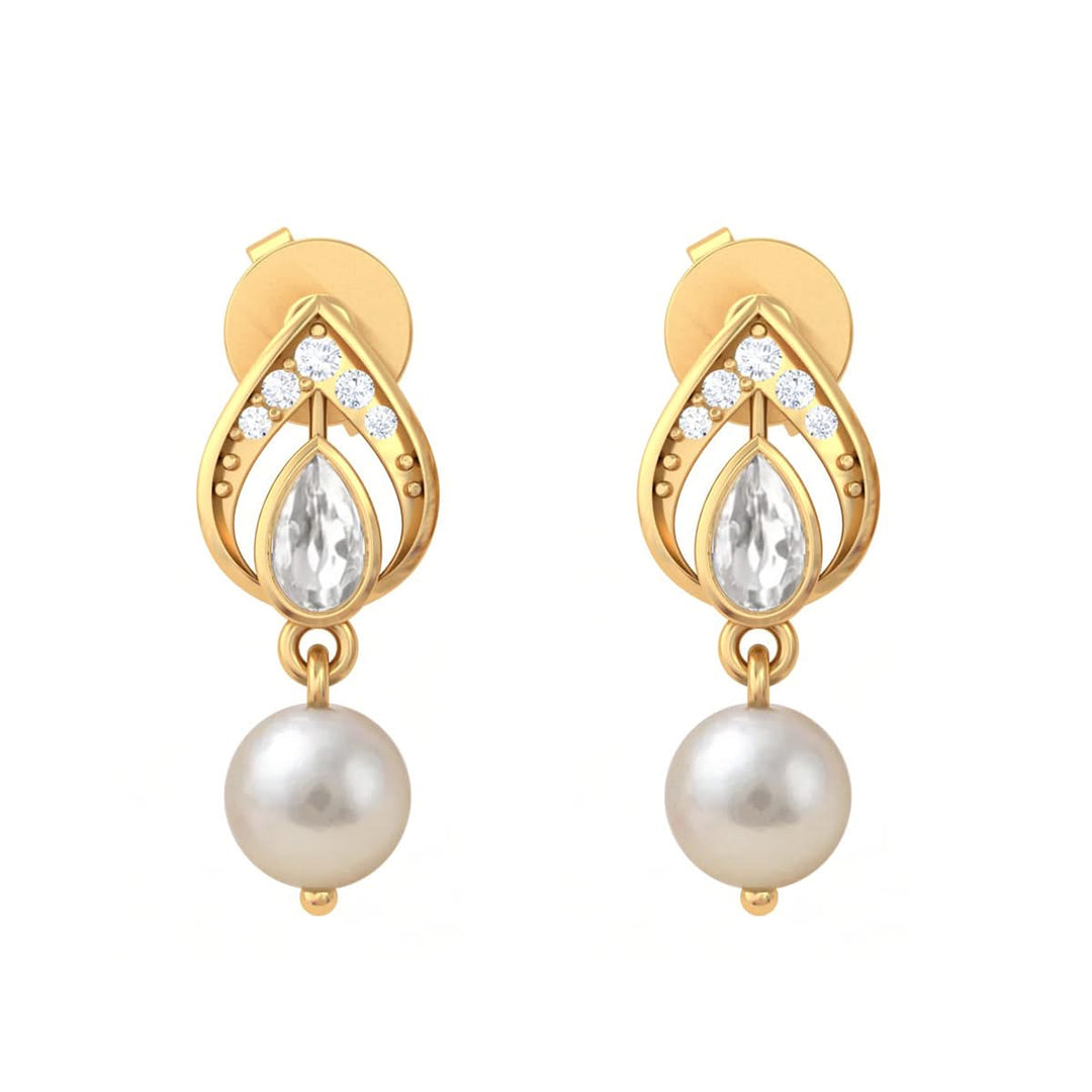 925 Sterling Silver Heirloom Pear Motif White Kundan & Pearl Stud Earrings (Gold Plating)