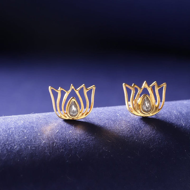 92.5 Silver White Kundan Sacred Lotus Stud Earrings