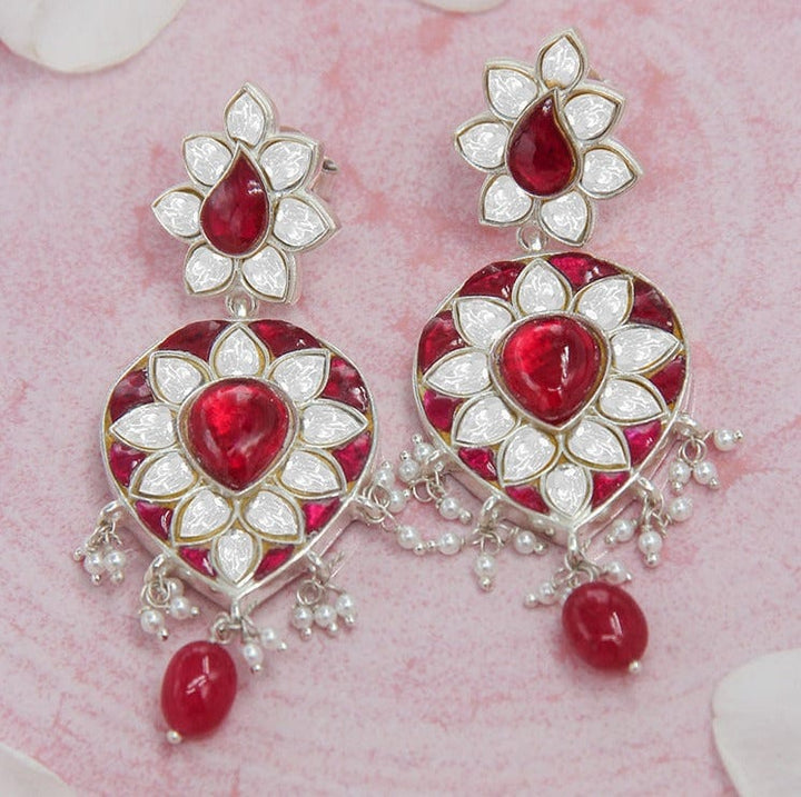 SILVER RED KUNDAN EARRINGS