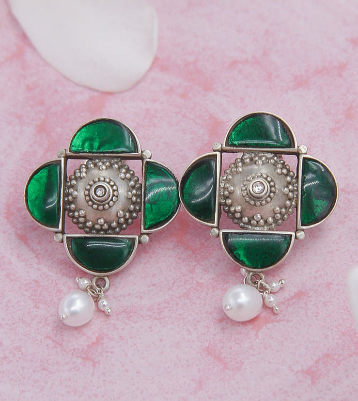 Silver 92.5 Green Oxidized Earrings