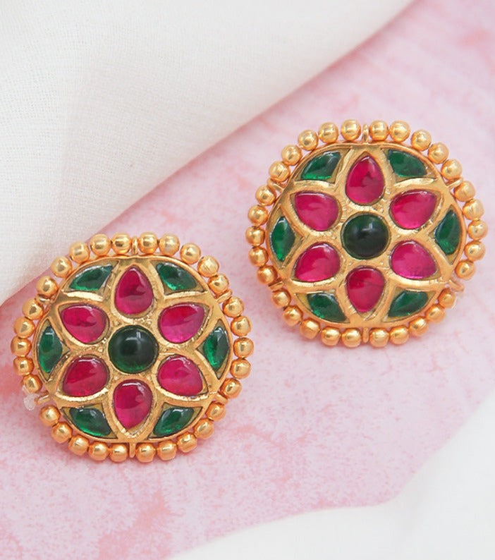 Silver Red And Green Kundan  stud