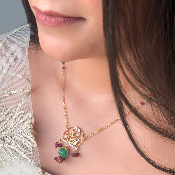 925 Pure Silver Elephant & Gemstone Floral Necklace