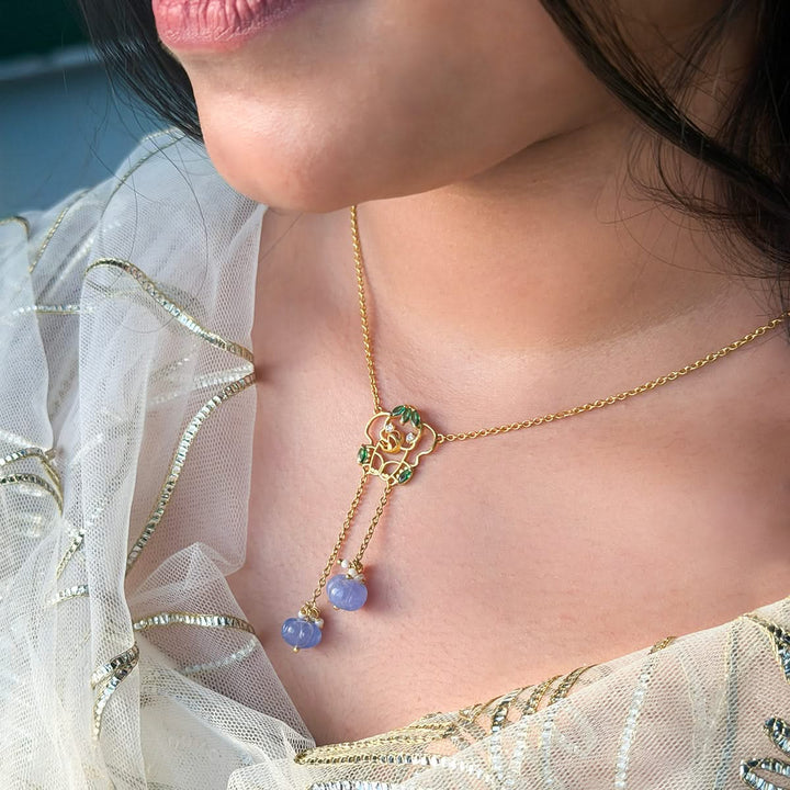 925 Pure Silver Elephant & Lavender lariat Necklace