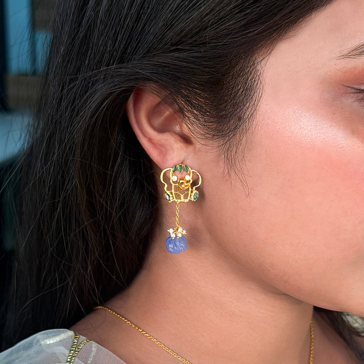 925 Pure Silver Elephant & Lavender Stone Drop Earrings