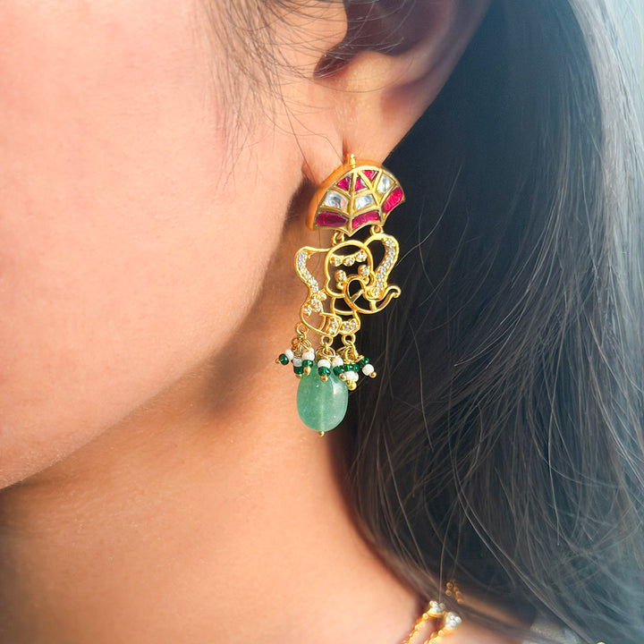 925 Pure Silver Umbrella Elephant with Green Stone Earrings