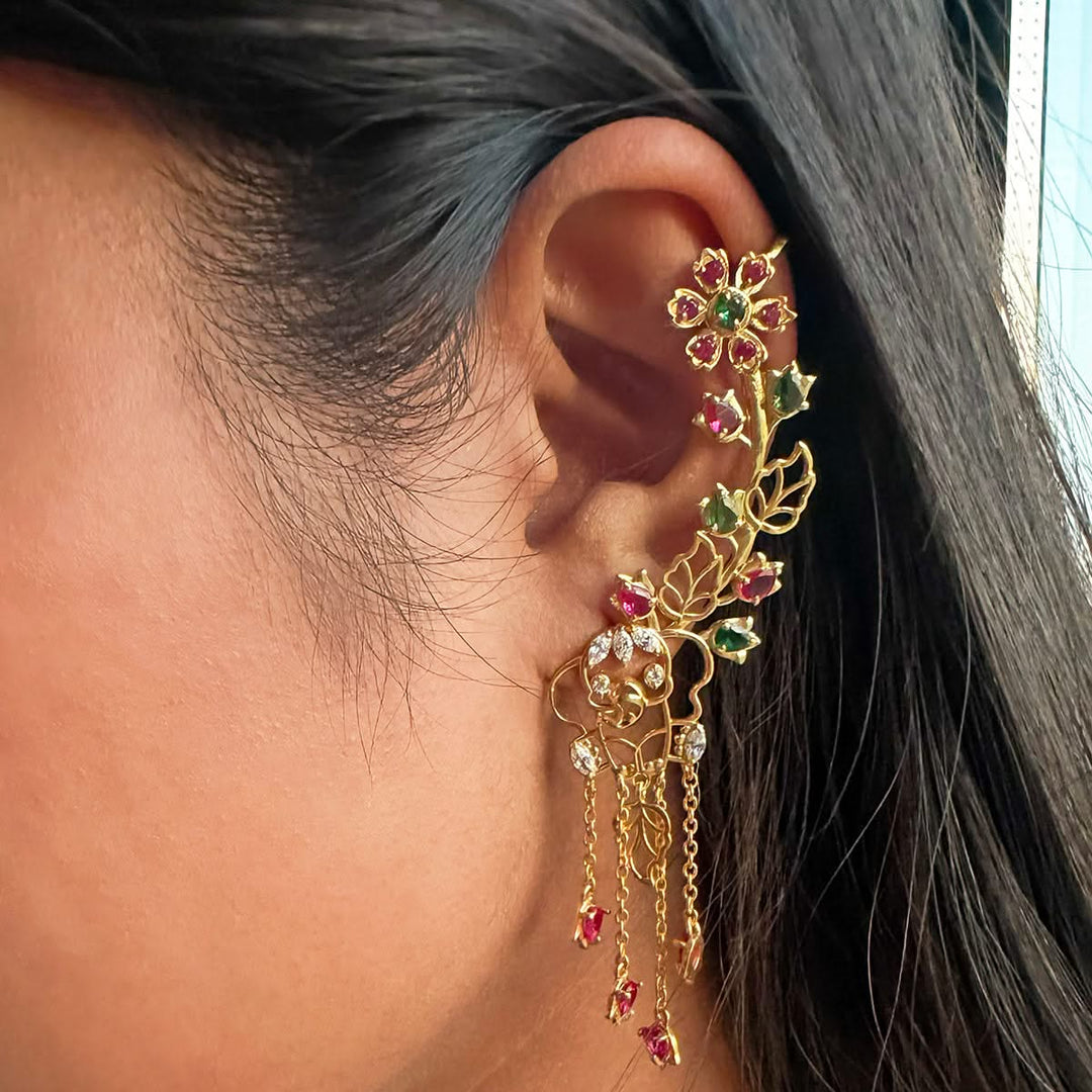 925 Pure Silver Elephant Floral Garden Vine ear cuff