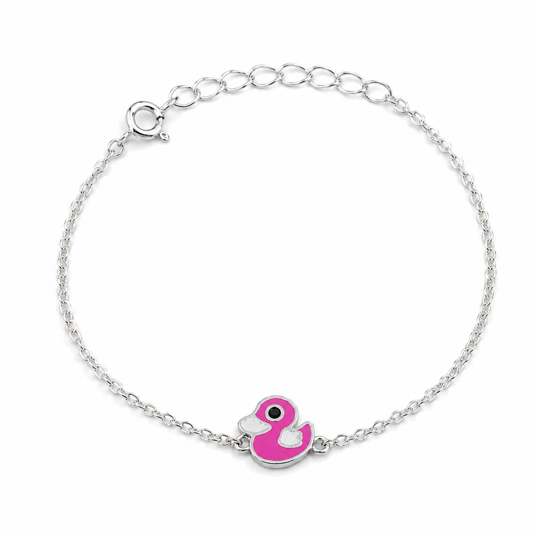 925 Silver Kids Duck in Pink Enamel Bracelet