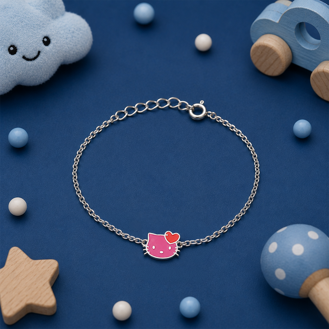 925 Silver Kids Kitty in Pink Enamel Bracelet