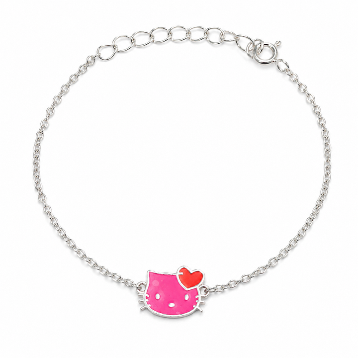 925 Silver Kids Kitty in Pink Enamel Bracelet