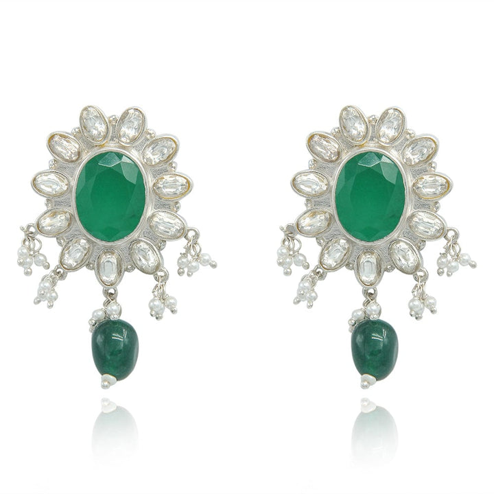 SILVER 92.5 GREEN KUNDAN EARRING