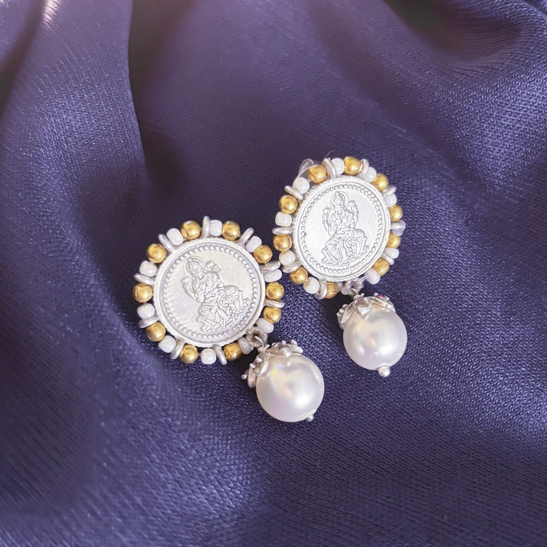 Silver Lakshmi Gold Plated Coin Earring