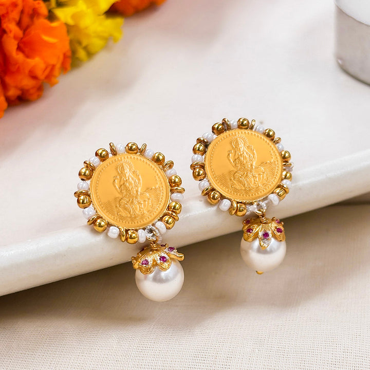 Silver Lakshmi Gold Plated Coin Earring