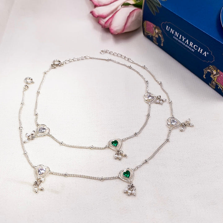 92.5 Sterling Silver Green Heart anklet