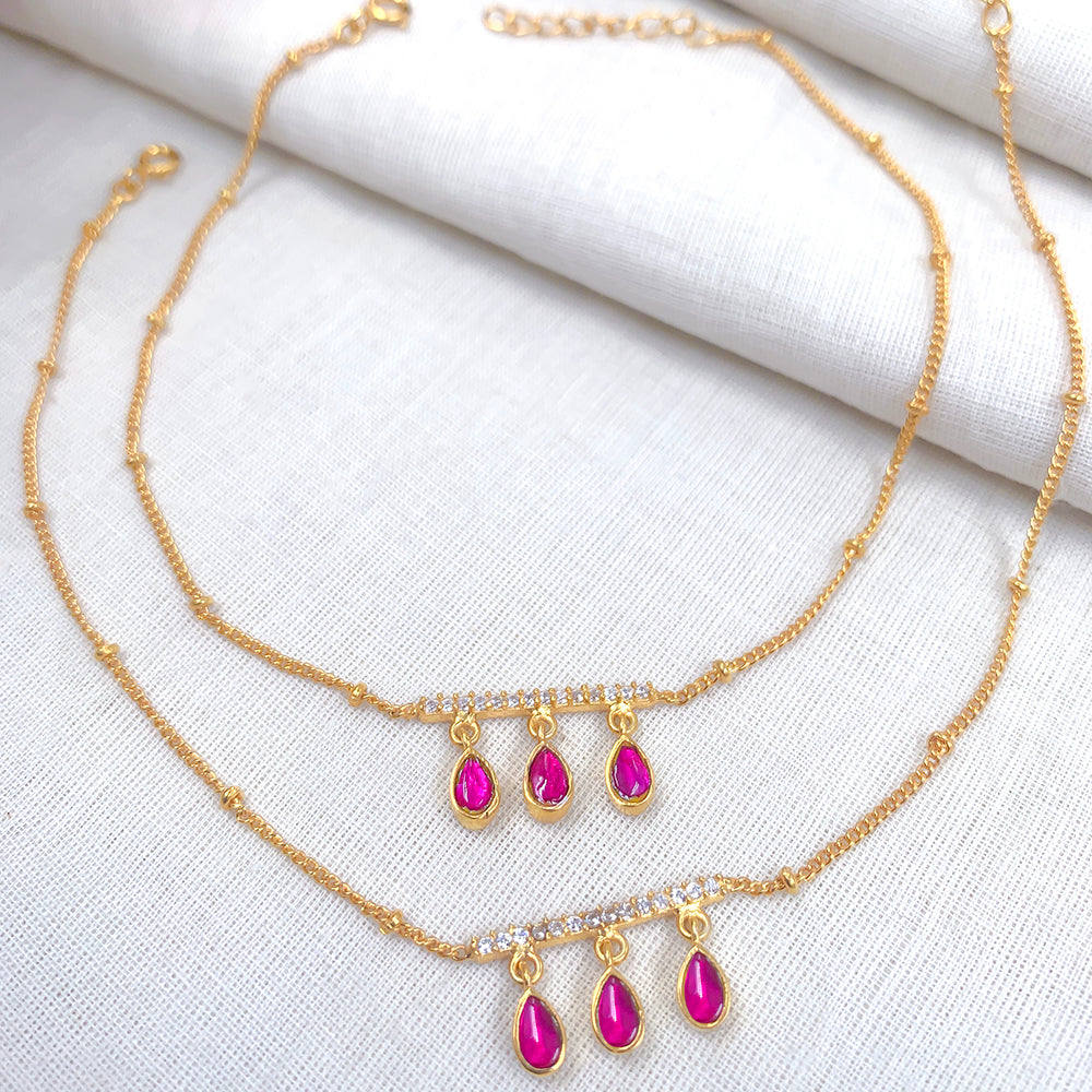 92.5 Sterling Silver Red kundan drops anklet